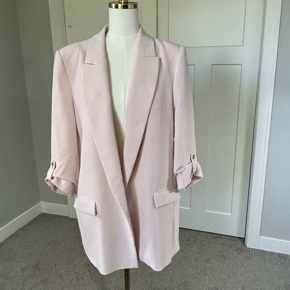 ZARA Blush Pink Open Front Blazer Womens XL 3/4 Roll Tab Sleeve Gold Button